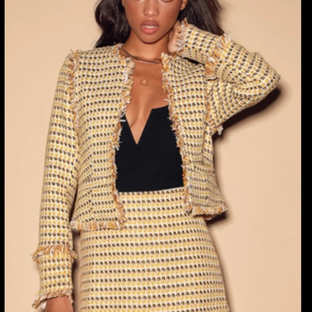 Lulus,XS, Boss Girl Tweed yellow Multi, tiered Long sleeve fringed hook eye crop